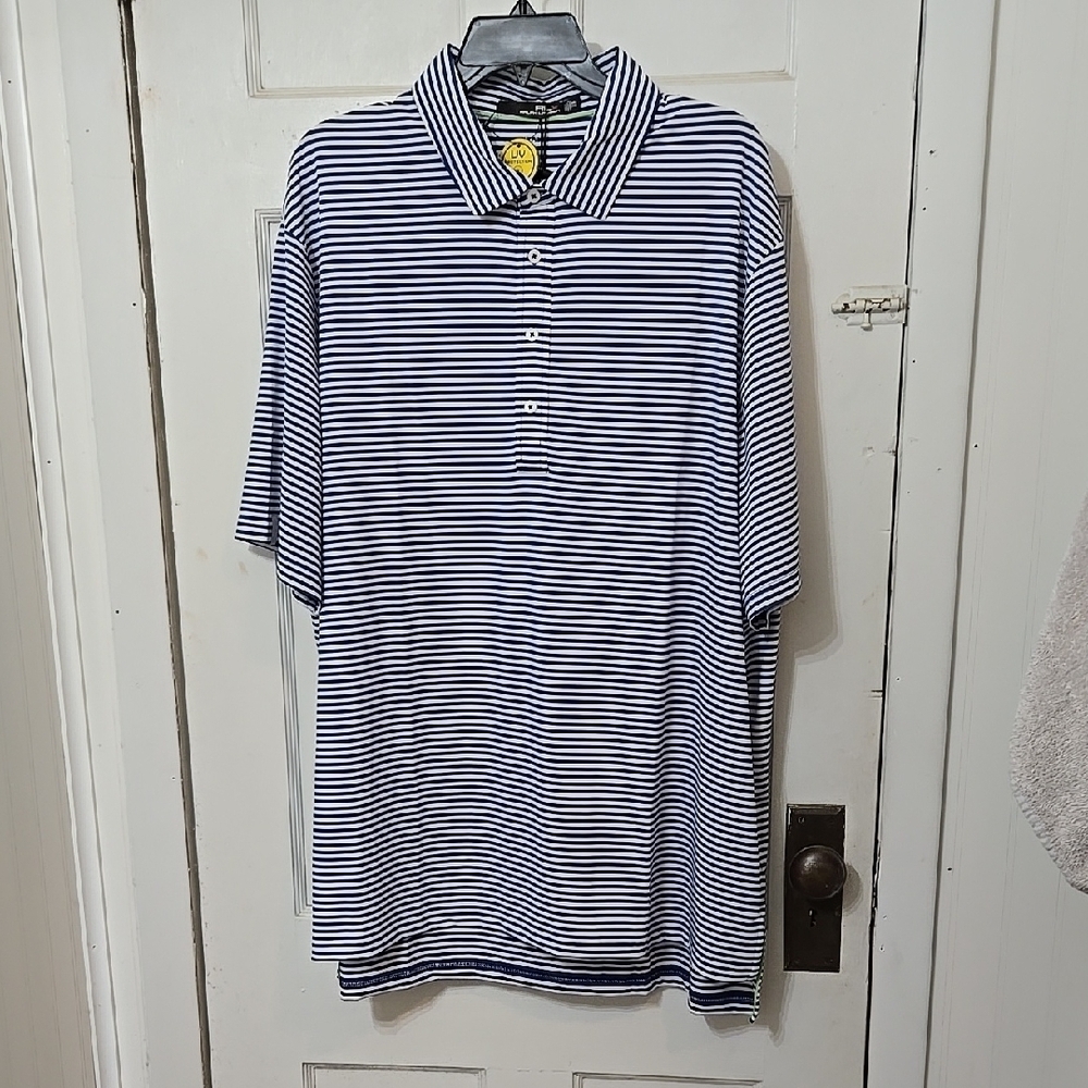 RALPH LAUREN RLX TMC UV PROTECTION MOISTURE WICKING POLO XXL BLUE WHITE STRIPE